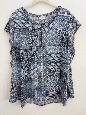 Ava James Womens 2X Blouse Blue White Lightweight Cap Sleeve Pullover Cool Comfy